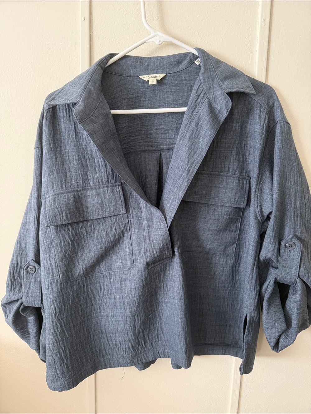 Max Studio Slate Blue Button-Tab Sleeve Utility Blouse